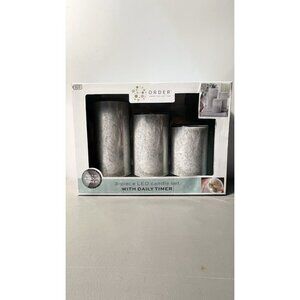 LED Light Gray Candle Set 3 Pc Flameless Wax Order Home w/ Daily Timer